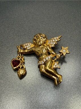 Swarovski Gold Cherub Angel Brooch with Red Heart Accent #61sb